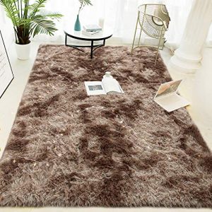 LOCHAS Luxury Velvet Shag Area Rug Modern Indoor Fluffy Rugs, Extra Comfy and Soft Carpet, Abstract Accent Rugs for Bedroom Living Room Dorm Home Girls Kids, 5x8 Feet Brown/Ivory