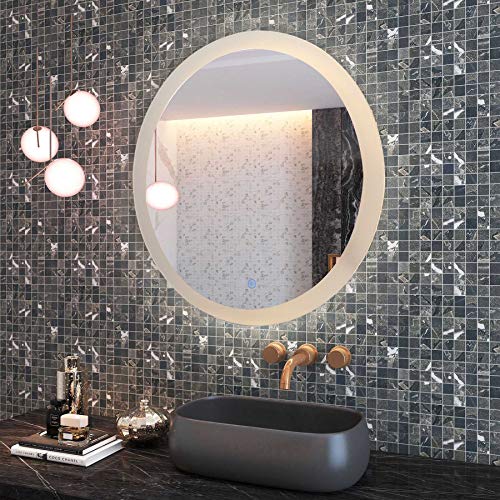 CO-Z Dimmable Round LED Bathroom Mirror, Plug-in Modern Lighted Wall Mounted Mirror with Lights&Dimmer, Contemporary Fogless Light Up Backlit Touch Vanity Cosmetic Bathroom Mirror Over Sink