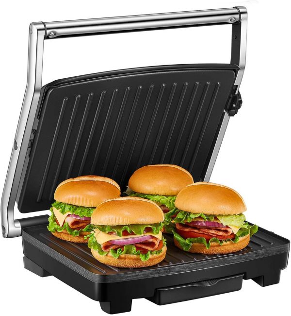 Panini Press, Deik Sandwich Maker with Temperature Control, 4-Slice Extra Large Panini Press Grill, 1500W Non-Stick Coated Plates and Removable Drip Tray, Stainless Steel