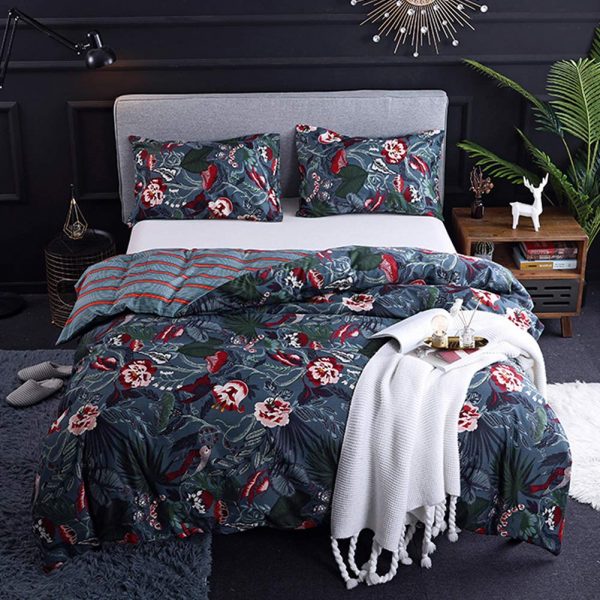 CoutureBridal Dark Blue Boho Bedding Sets Queen Size Floral Bird Leaves Pattern Printed with Zipper Ties Reversible Striped Duvet Cover Set Luxury Microfiber Comforter Quilt Cover 90X90