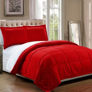 Grand Linen 3 Piece Luxury Red/White Reversible Goose Down Alternative Comforter Set, Full/Queen with Corner Tab Duvet Insert