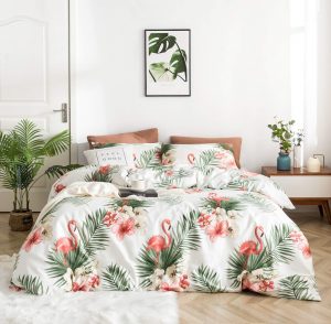 YuHeGuoJi 3 Pieces Duvet Cover Set 100% Egyptian Cotton Queen Size Coral Flamingo Bedding Set 1 Green Palm Leaves Pattern Duvet Cover with Zipper Ties 2 Pillowcase Luxury Quality Silky Soft Breathable