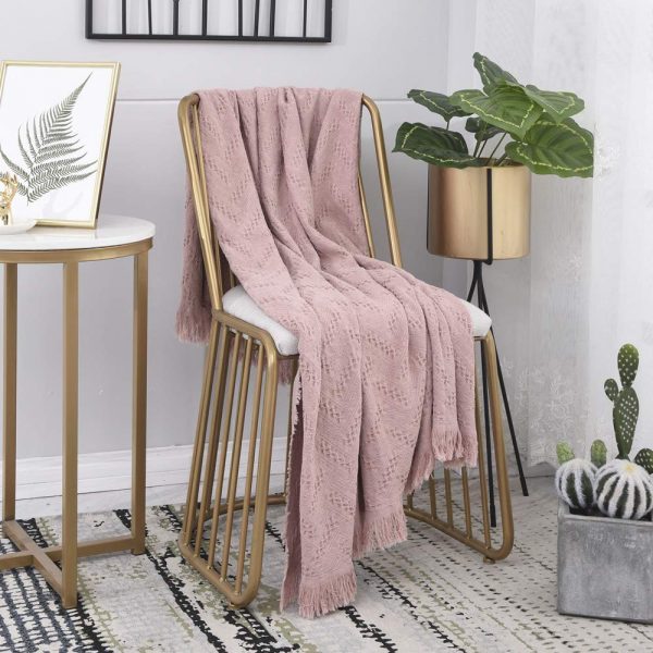 SIMPLEOPULENCE Simple&Opulence Luxury Vintage Cotton Throw Blanket Cable Knit Woven with Tassels Cozy Blanket Scarf Shawl Farmhouse Decoration (Dusty Rose)