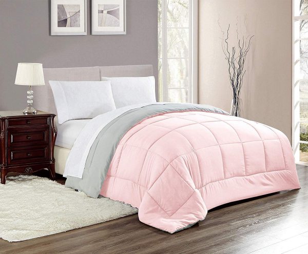 Woven Trends All Season Twin Comforter, Down Alternative Comforter Hotelier Collection Reversible, Stitched Quilted with Soft Microfiber Fill Bedding (Twin, Light Pink/Gray)
