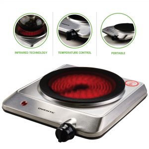 Ovente Electric Glass Infrared Countertop Burner 7.5 Inch Single Plate with Temperature Knob, Compact and Portable, 1000 Watts, Indicator Light, Fire Resistant Metal Housing, Silver (BGI201S)
