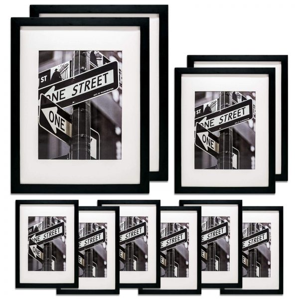 TheDisplayGuys 10pc Solid Pine Wood Tempered Glass Gallery Wall Picture Frames Set - six 5x7, Two 8x10, Two 11x14 - with Collage Mats & Easels (Black)