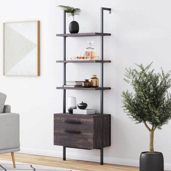 Nathan James Theo Industrial Bookshelf with Wood Drawers and Matte Steel Frame, 3-Tier w, Nutmeg/Black