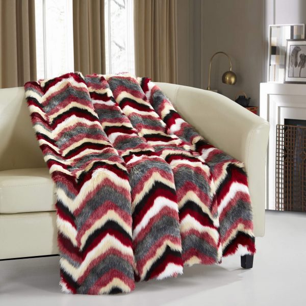 Chic Home Orna Throw Blanket New Faux Fur Collection Cozy Super Soft Ultra Plush Micromink Backing Decorative Striped Chevron Design50” x 60” 50 x 60 Red