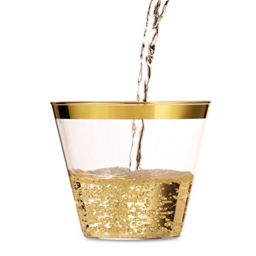 Elevate Your Events with 100 Gold Rimmed Plastic Cups These elegant gold-rimmed plastic cups are perfect for elevating any event or occasion. Whether you're planning a lavish wedding, a stylish reception, a festive birthday party, a holiday gathering, a picnic in the park, a catered event, or simply a special get-together with friends and family, these cups will add a touch of sophistication to your table setting. Their convenience makes them a must-have for any event, allowing you to enjoy the moment without worrying about cleanup. So, use them indoors or outdoors, day or night, and make every occasion shine. Time and Energy Saver: ⏰ Say goodbye to tedious post-party cleanup. These disposable cups are designed to save you time and energy, allowing you to enjoy your event to the fullest. Versatile 9 Oz Size: 🍷🥂🍹 The 9-ounce size is perfect for a wide range of beverages, from wine and champagne to soda, water, juice, beer, liquor, mixed drinks, punch, and teas. Premium Quality: 💎 Crafted with care, these cups offer the look and feel of traditional glassware but with the convenience of disposables. They exude elegance and class, making them suitable for even the most formal affairs.  