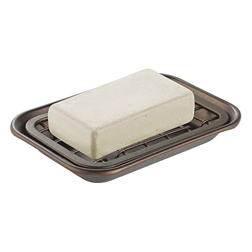 mDesign Metal 2-Piece Soap Dish Tray with Drainage Grid and Holder for Kitchen Sink Countertops to Store Soap, Sponges, Scrubbers - Rust Resistant - Bronze