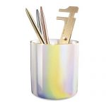 Zodaca Pen Holder, Ceramic Pencil Cup Desk Organizer Makeup Brushes Holder with Gold Accent, Shiny Pearl White