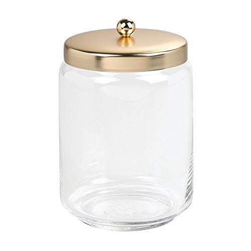 mDesign Glass Bathroom Vanity Storage Organizer mDesign Glass Toilet Vainness Storage Organizer Apothecary Canister Jar for Cotton Swabs, Cotton Rounds, Cotton Balls, Make-up Sponges, Tub Salts - Clear/Mushy Brass.