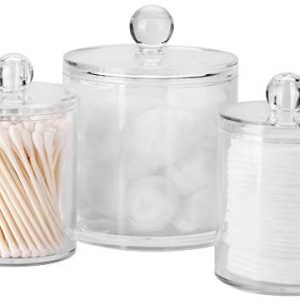 Pocono Homeware Co. Bathroom Canisters 3 Pack, Acrylic Clear Qtip Holder Dispenser for Cotton Swabs/Cotton Balls/Cotton Rounds, Bathroom Accessories Apothecary Jars Vanity Organizer, 10oz/20oz