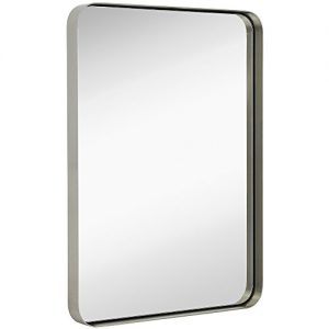 Hamilton Hills Contemporary Brushed Metal Wall Mirror | Glass Panel Silver Framed Rounded Corner Deep Set Design | Mirrored Rectangle Hangs Horizontal or Vertical (22" x 30")