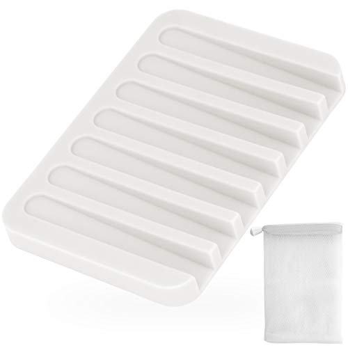 Anwenk Soap Dish Shower Waterfall Soap Tray Soap Saver Soap Holder Drainer Flexible Silicone for Shower/Bathroom/Kitchen/Counter Top,Keep Soap Bars Dry Clean,Easy Cleaning-White,1Pack