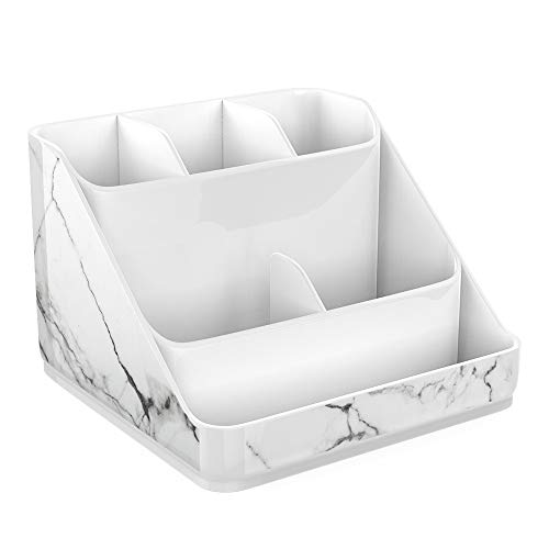 Luxspire Makeup Organizer, Marble Pattern Cosmetic Storage Organizer Tray, 6-Compartment Cosmetic Display Case, Jewelry Storage Box Make up Holder for Makeup Brushes, Lipsticks and More - White Marble