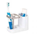 mDesign Bathroom Vanity Countertop Toothpaste & Toothbrush Holder Stand with Cup/Dental Center, Holds Electric Toothbrushes - BPA Free - White/Satin