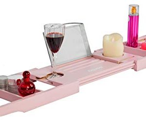 Aquaa Life Gorgeous Pink Bathtub Tray, Expandable Bamboo Bathtub Caddy Tray, Wooden Bath Tray, Two Person Extendable Bath Tray with Wine Phone Book and Soap Holder, Luxury Bathtub Accessories Set