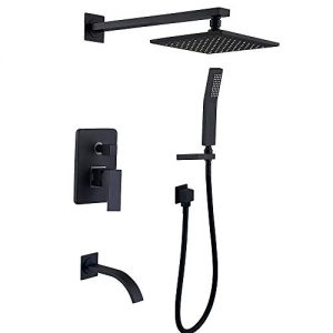 Shower System Matte Black Bathroom Wall mount Shower Faucet Fixtures with 8 inches Rain Shower Head and Waterfall Tub Spout Hand Shower Head(Black Shower Tub Faucet)