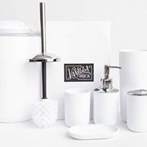 Vanilla Brick Bathroom Accessories Set, Soap Dispenser, Toothbrush Holder, Tumbler Cup, Soap Dish, Trash Can, Toilet Brush with Holder, 6 Piece Plastic Bath Gift Set (White)