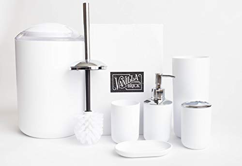 Vanilla Brick Bathroom Accessories Set, Soap Dispenser, Toothbrush Holder, Tumbler Cup, Soap Dish, Trash Can, Toilet Brush with Holder, 6 Piece Plastic Bath Gift Set (White)