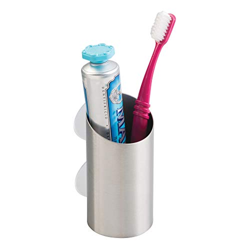 iDesign Forma Stainless Steel Suction Toothbrush and Razor Holder Cup for Bathroom Mirror, Shower, Vanity Organization, 2.25" diameter x 4.5", Brushed