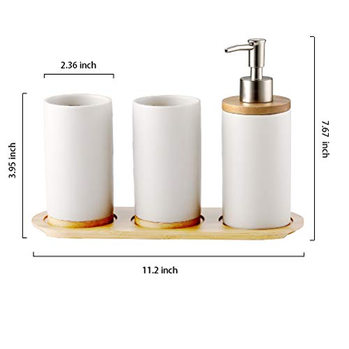 Moseason 4 Piece Ceramic Bathroom Accessories Set Moseason 4 Piece Ceramic Lavatory Equipment Set ，Consists of: Cleaning soap Dispenser Pump, Toothbrush Holder, Tumbler and Wood Tray. Model 2.0.