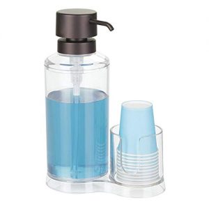 mDesign Modern Plastic Mouthwash Pump Caddy and Disposable Cup Holder - Compact Storage Organizer for Bathroom Vanity, Countertop, Cupboard - Includes 8 Paper Cups - Clear/Bronze
