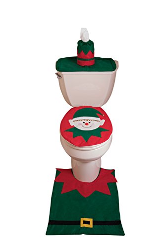Clever Creations Elf Christmas Themed Toilet Seat Lid Cover, Tank Cover, and Rug Set | Green and Red Holiday Decor Theme | Tissue Box Cover