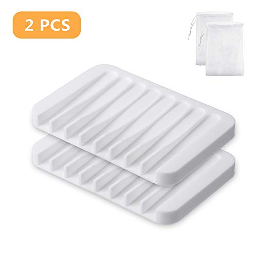 YAKO 2Pcs Soap Dish for Shower, Bar Soap Holder Shower, Soap Saver Tray for Shower Bathroom Kitchen, Premium Flexible Silicone Soap Dishes with Draining Tray, Keep Dry, Non-Slip, Easy Cleaning, White