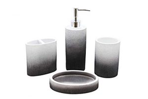 Marina Decoration Luxury Modern 4 Piece Bath Accessories Set Ensemble Included Bathroom Liquid Soap Lotion Dispenser Pump Toothbrush Holder Tumbler and Soap Dish, Unicorn Ribbed Style Charcoal Black W