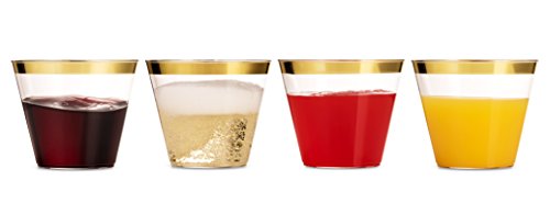 Elevate Your Events with 100 Gold Rimmed Plastic Cups These elegant gold-rimmed plastic cups are perfect for elevating any event or occasion. Whether you're planning a lavish wedding, a stylish reception, a festive birthday party, a holiday gathering, a picnic in the park, a catered event, or simply a special get-together with friends and family, these cups will add a touch of sophistication to your table setting. Their convenience makes them a must-have for any event, allowing you to enjoy the moment without worrying about cleanup. So, use them indoors or outdoors, day or night, and make every occasion shine. Time and Energy Saver: ⏰ Say goodbye to tedious post-party cleanup. These disposable cups are designed to save you time and energy, allowing you to enjoy your event to the fullest. Versatile 9 Oz Size: 🍷🥂🍹 The 9-ounce size is perfect for a wide range of beverages, from wine and champagne to soda, water, juice, beer, liquor, mixed drinks, punch, and teas. Premium Quality: 💎 Crafted with care, these cups offer the look and feel of traditional glassware but with the convenience of disposables. They exude elegance and class, making them suitable for even the most formal affairs.  