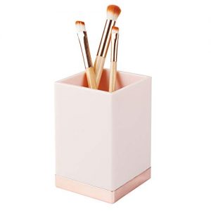 mDesign Decorative Plastic Bathroom Toothbrush and Toothpaste Stand Holder - Dental Organizer with 3 Storage Compartments for Bathroom Vanity Countertops and Medicine Cabinet - Light Pink/Rose Gold