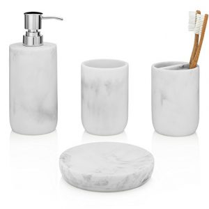 EssentraHome Blanc Collection 4-Piece White Bathroom Accessory Set. Complete Set Includes: Soap/Lotion Dispenser, Toothbrush Holder, Tumbler, and Soap Dish