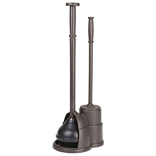 mDesign Modern Slim Compact Freestanding Plastic Toilet Bowl Brush and Plunger Combo Set with Holder for Bathroom Storage Organization, Sturdy, Heavy Duty, Deep Cleaning, Covered Brush - Bronze