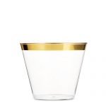 100 Gold Plastic Cups 9 Oz Clear Plastic Cups Old Fashioned Tumblers Gold Rimmed Cups Fancy Disposable Wedding Cups Elegant Party Cups with Gold Rim