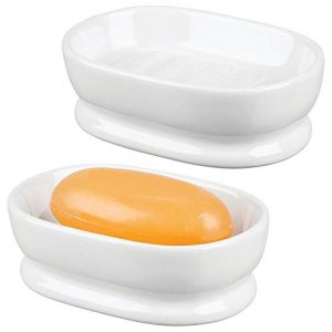 mDesign Decorative Ceramic Bar Soap Dish Tray for Bathroom Vanities, Countertops, Pedestals, Kitchen Sink - Store Hand Soap, Pumice Bars, Sponges, Scrubbers - 2 Pack - White