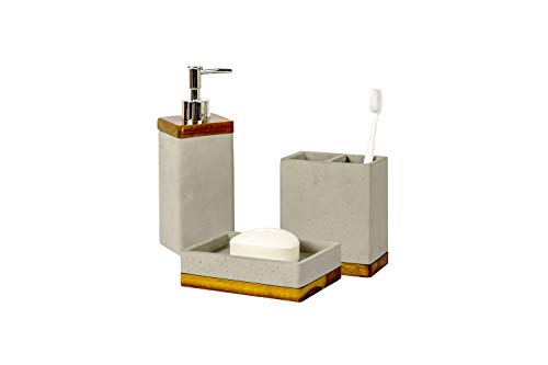 nu steel nusteel Concrete, Made of Cement Bath Accessory Set for Vanity Countertops, 3 Piece Luxury Ensemble Dish, Toothbrush Holder, soap and Lotion Pump, Grey Stone/Brown