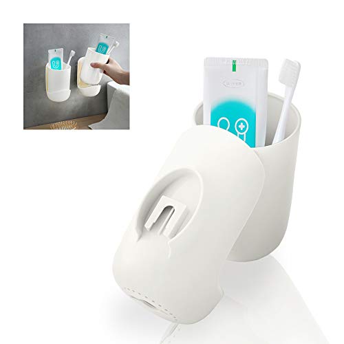 JRD White Creative Concise and Seamless Paste Wall-Mounted Toothbrush Holder and Multi-Functional Storage Cups for Bathroom Living Room, with Toothbrush, Cosmetics and Remote Control