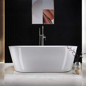 WOODBRIDGE white Acrylic Freestanding Bathtub Contemporary Soaking Tub Overflow and Drain, 67" B-0013 Brushed Nickel