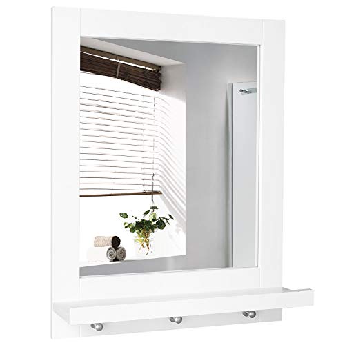 Homfa Bathroom Wall Mirror Vanity Mirror Makeup Mirror Framed Mirror with Shelf and 3 Hanging Hooks Multipurpose for Home, White