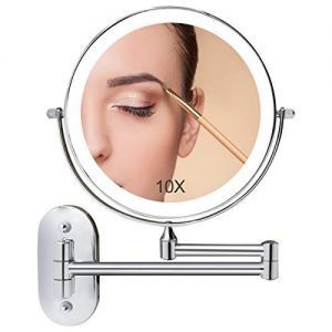 Wall Mounted Makeup Mirror Lighted, 8 Inch Double Sided Mirror Bathroom Mirror for Shaving Vanity 1X 10X Magnifying, Dimmable LED Lights, Extendable Arm, Touch Control, Battery Operated, Chrome Finish
