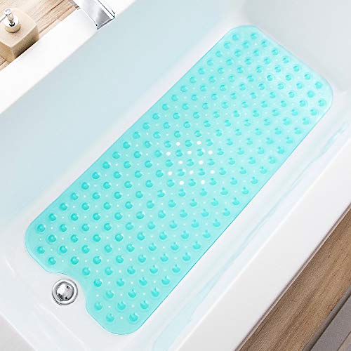 TEESHLY Bathtub Mats for Shower Tub Extra Long Non-Slip Bath Mat, 39 x 16 Inch Shower Mat with Drain Holes and Suction Cups, Bath Tub Mat for Bathroom with Machine Washable (Clear Turquoise)