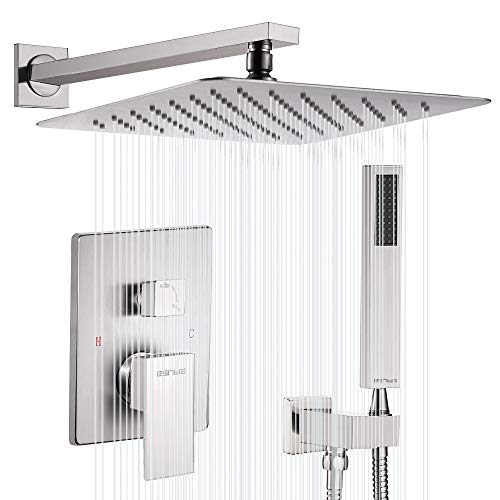 Esnbia Shower System, Brushed Nickel Shower Faucet Set with Valve and 12" Rain Shower Head Systems Wall Mounted Shower Combo Set for Bathroom All Metal