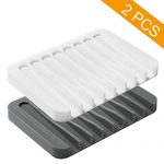 2PCS Soap Dish Holder, Premium Silicone Soap Dishes for Shower Bathroom Kitchen Sinks， Soap Tray Saver Drainer, Self-draining Waterfall, Non-Slip Design, Easy Cleaning (White, Gray)