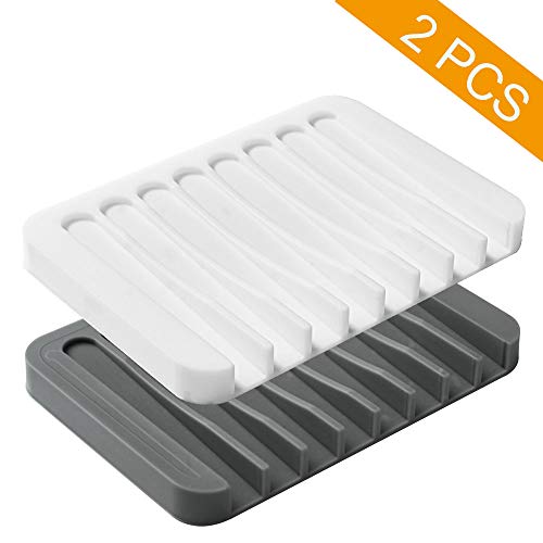 2PCS Soap Dish Holder, Premium Silicone Soap Dishes for Shower Bathroom Kitchen Sinks， Soap Tray Saver Drainer, Self-draining Waterfall, Non-Slip Design, Easy Cleaning (White, Gray)