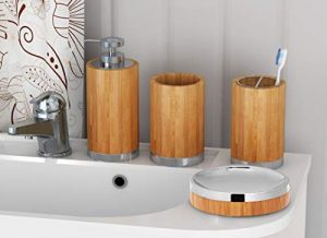 nu steel Ageless Bamboo and Metal Bathroom Accessories Set, 4 Piece Luxury Ensemble Includes Dish, Toothbrush Holder, Tumbler, soap and Lotion Pump, Natural, Wood,Chrome