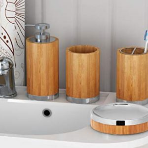 nu steel Ageless Bamboo and Metal Bathroom Accessories Set, 4 Piece Luxury Ensemble Includes Dish, Toothbrush Holder, Tumbler, soap and Lotion Pump, Natural, Wood,Chrome
