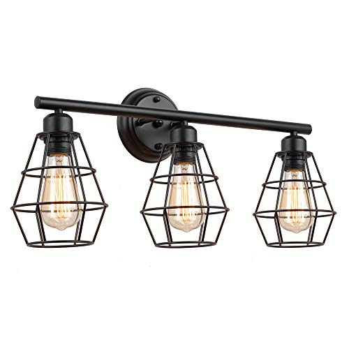 KOONTING 3-Light Industrial Bathroom Vanity Light, Metal Wire Cage Wall Sconce, Vintage Edison Wall Lamp Light Fixture for Bathroom, Dressing Table, Mirror Cabinets, Vanity Table.