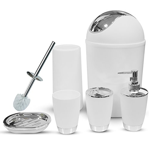 Bathroom Accessories Set, 6 Pieces Plastic Gift Set Bathroom Accessory Luxury Bathroom Set Includes Toothbrush Holder,Toothbrush Cup,Soap Dispenser,Soap Dish,Toilet Brush Holder,Trash Can(White)